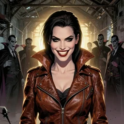 in the style of Rafael Albuquerque comicbook cover art, Samara Weaving vampire, sharp teeth grin, perfect Symmetrical face, sarcastic, brown leather jacket, in an abandoned warehouse, surrounded by vampires