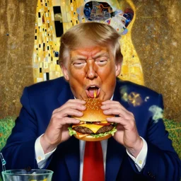 donald trump eating a cheeseburger in the style of gustav klimt painting