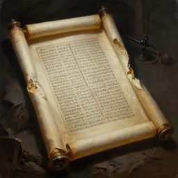 ultra - realistic painting of a partially unrolled dead sea scroll in the style of the necronomicon with thamudic writing in columns, dark, brooding, volume lighting, atmospheric lighting, painted, intricate, ultra detailed by leesha hannigan, thierry doizon, kai carpenter, well composed, best on artstation, cgsociety, epic, stunning, gorgeous, intricate detail, wow, masterpiece