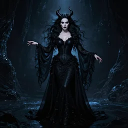 style of craig mullins, joshua middleton : : gorgeous willa holland : : evil witch, swirling black magic, black dress : : symmetrical face, symmetrical eyes : : full body pose : : gorgeous black hair : : magic lighting, low spacial lighting : :