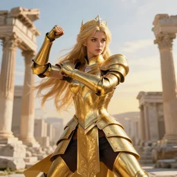 portrait knights of zodiac girl, golden and copper shining armor, karate pose, in ruined agora of athens sunrise, ssci - fi and fantasy, intricate and very very beautiful and elegant, highly detailed, digital painting, artstation, concept art, smooth and sharp focus, illustration, art by z - - ed