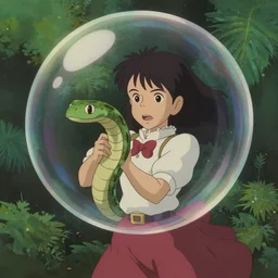 unrealistic studio ghibli dull colors pov shot from close encounters of the third kind 1 9 7 7 of a waifu warping out of a snake bubble.