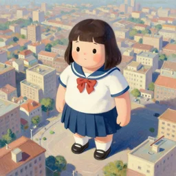 a cute giantess wearing school uniform standing in the city which seem small, bird's eye view, strong brush stroke, sharp focus, illustration, morandi color scheme, art station, by ilya kuvshinov