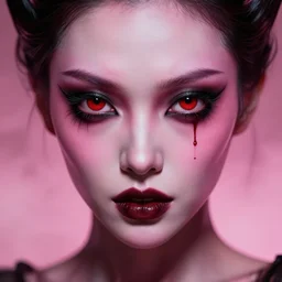 an insanely detailed close up portrait of a succubus, black sclera, blood red pupils, pink skin, in the style of peter mohrbacher, artgerm, dramatic lighting and composition, pink fog background, octane render, trending on artstation, concept art 8 k