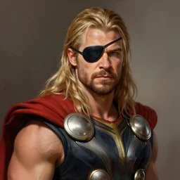 portrait of nick offerman as thor, eyepatch, muscular, fantasy, intricate, elegant, highly detailed, digital painting, artstation, concept art, smooth, sharp focus, illustration, art by artgerm and greg rutkowski and alphonse mucha