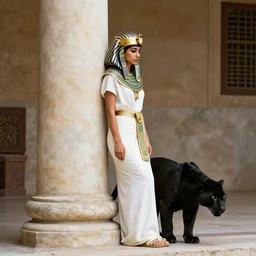 a sad egyptian princess leans against a marble pillar while a black panther slinks nearby