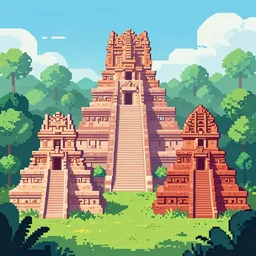 Mayan temples in the jungle at sunrise, in the style of 8-bit pixel art.