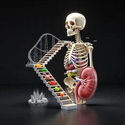 Simple anatomic, bionic exploded drawing, crossection skeleton architecture, staircase, rollercoaster, jellybeans, organs, kidney, by david lachapelle, by angus mckie, by rhads, in a dark empty black studio hollow, c4d, at night, rimlight, c4d, by jonathan ivy