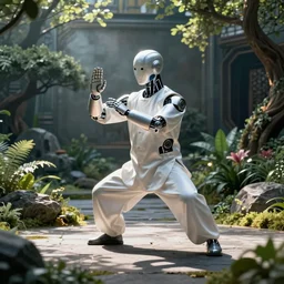 a cybernetic tai chi android in a futuristic garden, by junji ito, wide shot, featured on art station, octane render