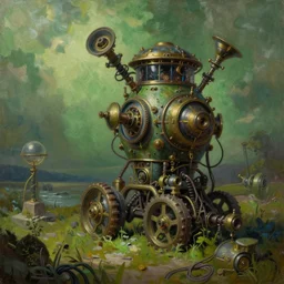 realistic oil painting of a steampunk 💚 on wires