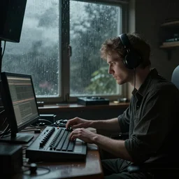 a detailed illustration of a beat producer in a room, outside window acid rain in a gloomy sky, artstation, by Peter Mohrbacher, Art Nouveau, sophisticated,  depth of field,Unreal engine, dystopia, anti-utopia, post processing, nostalgic melancholic artwork, intricate