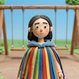 a closeup portrait of a woman wearing a cloak made of ribbons, staring at an empty swing playground, claymation,