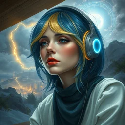 medium portrait, blue and yellow haired elegant woman, wearing headphones, by greg rutkowski, in a cabin, storm clouds, fantasy city, glowing headphones, surreal light flowing in the air, ethereal, thomas kinkade, sound waves, powerful zen composition, by takehiko inoue and ross tran, elegant cloth c