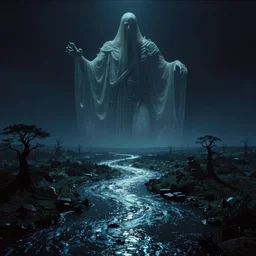 landscape with a giant ghost, dark eerie movie frame, greek fantasy panorama, a magnificent ghost giant above the magic shining river styx, at night, otherworldly, ghost giant above the horizon, stanley kubrick, 1 7 mm, wide shot, surreal, deep