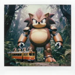 epic pose!!! giant oversized battle hedgehog figure cyborg robot chubby mech train! double decker with hedgehog babies, in deep forest jungle, portrait, cinematic focus, polaroid photo, vintage, neutral dull colors, soft lights, foggy mist, by oleg oprisco, by thomas peschak, by victor enrich, by gregory crewdson