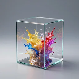 clear glass box in a empty room with explosion of liquid color trapped inside detailed 4 k 3 d render