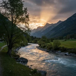 landscape photography, marc adamus, alps, a river, dramatic lighting, sunset, tree in the foreground