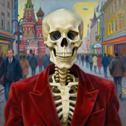 realistic detailed closeup portrait painting of a single skeleton wearing red velvet blazer in a crowded futuristic moscow street by Jean Delville, Amano, Yves Tanguy, Alphonse Mucha, Ernst Haeckel, Edward Robert Hughes, Roger Dean, rich moody colours, blue eyes