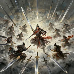 ancient chinese warrior surrounded by swarm of magical flying swords, greg rutkowski, fantasy, super high detail, multitude of swords, cloud of swords