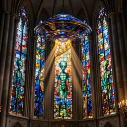 UFOs and aliens in stained glass. cinematic lighting cathedral unreal engine3840