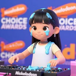 small asian girl DJ at Nickelodeon choice awards getting slimed