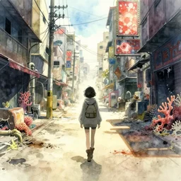 incredible anime movie scene, phantom crash, vanishing point, hoody woman explorer, watercolor, underwater market, empty road, coral reef, billboards, harsh bloom lighting, rim light, abandoned city, paper texture, movie scene, caustic shadows, deserted shinjuku junk town, bright sun ground, wires, telephone pole, pipes, yellow, red, dusty