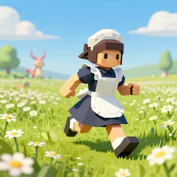 ( low poly ) ps playstation 1 9 9 9 running ( ( anthropomorphic ) ) ( ( lurantis ) ) maid wearing a hat standing in a ( field of daisies ), mount coronet in the distance digital illustration by ruan jia on artstation