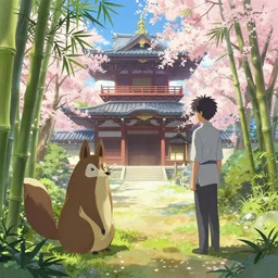 A colorful digital painting of a courtyard of a fantasy Japanese temple, kitsune, bamboo, cherry blossoms, by Makoto Shinkai and Kan Liu, trending on artstation