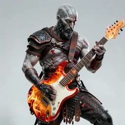 kratos shredding on a flaming stratocaster guitar, cinematic render, god of war 2 0 1 8, santa monica studio official media, lightning, red facial stripe