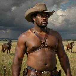 a beautiful dramatic epic painting of a handsome thicc black man | he is shirtless and wearing a cowboy hat and leather harness | prairie setting, horses in distance | homoerotic, highly detailed, dramatic lighting | by Mark Maggiori, by William Herbert Dunton, by Charles Marion Russell | trending on artstation