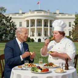 Joe Biden and an obese chef eating together unhealthy food at the white house, highly detailed, digital painting, artstation, concept art, sharp focus, illustration, art by artgerm and greg rutkowski and alphonse mucha and Norman Rockwell