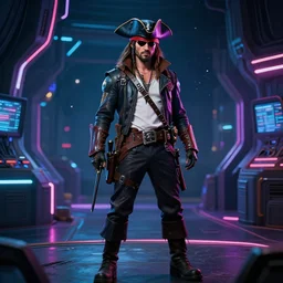 masterpiece fully body portrait of a cyber space pirate, neon space station setting, dramatic lighting, 8k