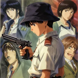 young boy in a bucket hat!! wearing uniform, tan, holding pistol at side, side view, looking down | | audrey plaza, fine detail!! anime!! realistic shaded lighting!! poster by ilya kuvshinov katsuhiro otomo ghost - in - the - shell, magali villeneuve, artgerm, jeremy lipkin
