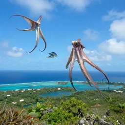 caribbean landscape with flying octopuses and flying fishes