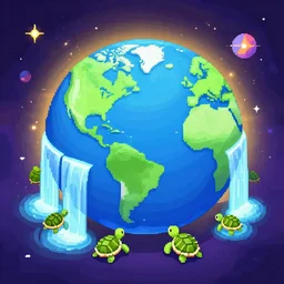 Isometric pixel art of the earth, turtles below the earth, waterfalls at the edges, gorgeous glowing space background, award-winning isometric pixel art