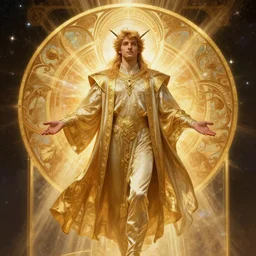 merlin posing, warm volumetric lighting, cosmic, symmetric, highly detailed, elegant, concept art, heavenly, god rays, intricate, sharp focus, illustration, alexandros pyromallis, bouguereau, rutkowski, artgerm, alphonse mucha