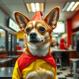 a person who is a mixture of the taco - bell chihuahua and ronald mcdonald and colonel sanders, inside a fast - food restaurant.