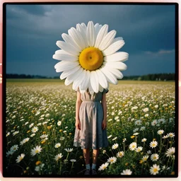 kodak portra 4 0 0, 8 k, full body daisy flower head girl standing in a flower field, her head is hidden behind the huge daisy flower, dramatic light, simon stalenhag