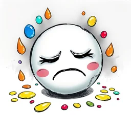 sad ball with ink colorful drops around it, high quality, cartoony,