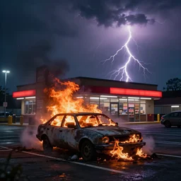 An abandoned car on fire in the middle of the parking lot of a fast food franchise, doom and gloom, lightning storm, vibrant colors, by Stephen King, misty, moody, sinister, cinematic lighting, cinematic color grading, 8k render, hyperrealistic, ultra HD, Unreal Engine 5 render