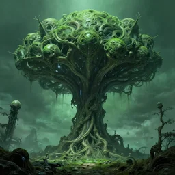 landscape, alien tree of life, cyberpunk, sci fi, horror, highly detailed, complex, green, intricate, matte painting, cinematic, by rhads and mohrbacher