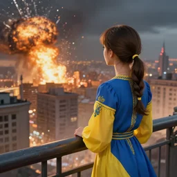 anime ukrainian girl, in blue and yellow clothes, watching explosions in big city, concept art, trending on artstation, highly detailed, intricate, sharp focus, digital art, 8 k