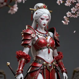 albino geisha warrior ornated viking armor war paint, detailed,smokey background, jewelry, sakura,photograph, award wining, red and white, trending on artstation, punk attitude, 4k, unreal engine 5, octane render, neon highlights