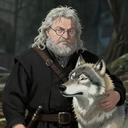 a portrait of George R.R. Martin as Jon Snow wearing glasses and a George R.R. Martin petting a Dire Wolf by his side, ambient lighting, 4k, anime key visual, lois van baarle, ilya kuvshinov, rossdraws, craig mullins, artstation