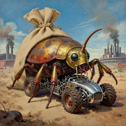 painting of cloth burlap bag sky, varied filthy rust coated, turok cover art 6 0 s, wild, | cloth burlap sky, no oxygen planet |, fantasy drag race, giant tick insect, made of brass, awful horror, covering, giant ticks with strange tire treads, claustrophobic, wild chrome chassis, about the stadium background, smoke exhaust pipeclustered by