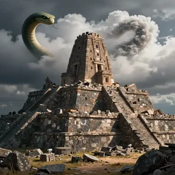 a photorealistic hyperrealistic render of a inca stone temple at the top of a hill, destroyed, collapsed roof scene by greg rutkowski, wlop, artgerm, snake shaped clouds above, dramatic lighting, strong shadows, volumetric, cinematic atmosphere, octane render, artstation, 8 k