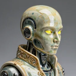 bladerunner, cyberpunk, full head, side facial portrait of a  ceramic mech humanoid robot Spanish ninja with an attractive bald head and handsome features, large glowing eyes, macho, piroca, dotado, guapo, reflective surface, overwatch, trending on cgsociety, trending on artstation