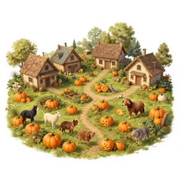 animals living in a pumpkin patch village, rustic, story book, over the garden wall, beautiful, highly detailed, artstation, soft lighting,