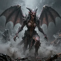 precisionist lilith the mother of all monsters angry, raining ash, fine art masterpiece, highly detailed dino valls wayne barlowe machiej kuciara, dramatic lighting, long shot, wide angle, uhd 8 k, sharp focus