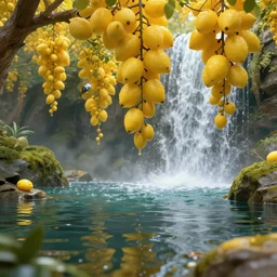 close up of low hanging yellow fruits, pond, waterfalls, by james gurney, low angle shot, concept art, intricate, hyper detailed, volumetric lighting, sharp focus, octane render, trending on artstation, 8 k
